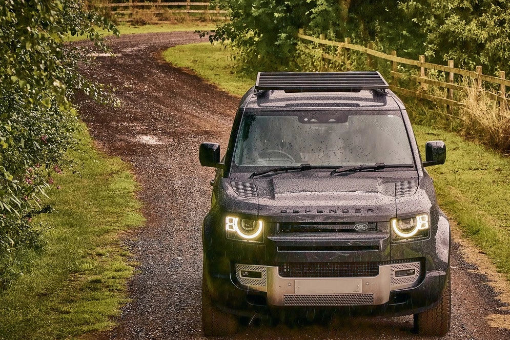 Land Rover Defender 110 fitted with a Falkn Rack3 roof rack