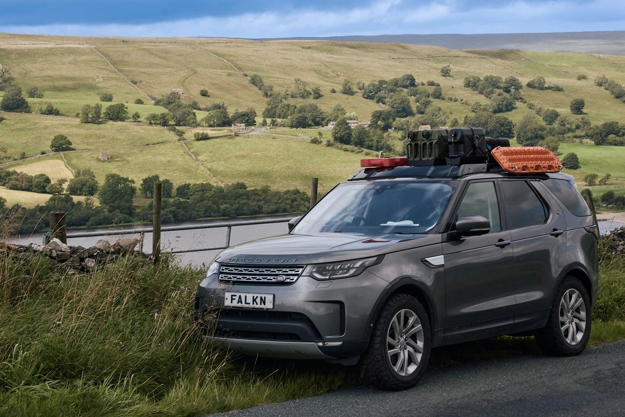 Land Rover Defender 110 fitted with a Falkn Rack3 roof rack